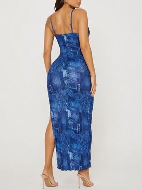 Fashion Nova Denim Dreams Maxi Dress – Blue Denim Print Size Large NWT